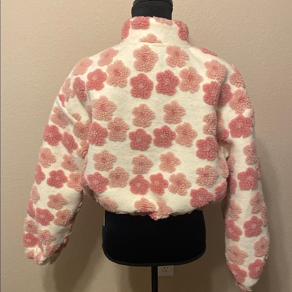 Floral Pink and White Fleece Bomber Jacket - Picture 2 of 6